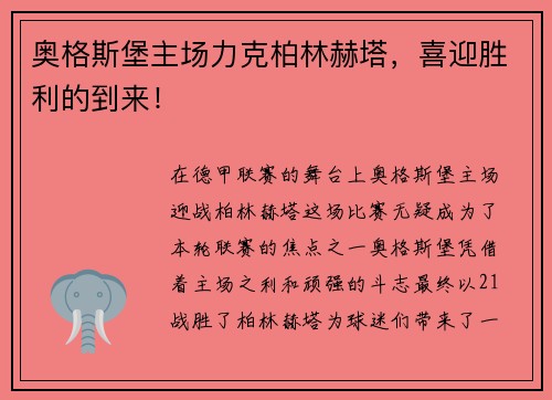 奥格斯堡主场力克柏林赫塔，喜迎胜利的到来！